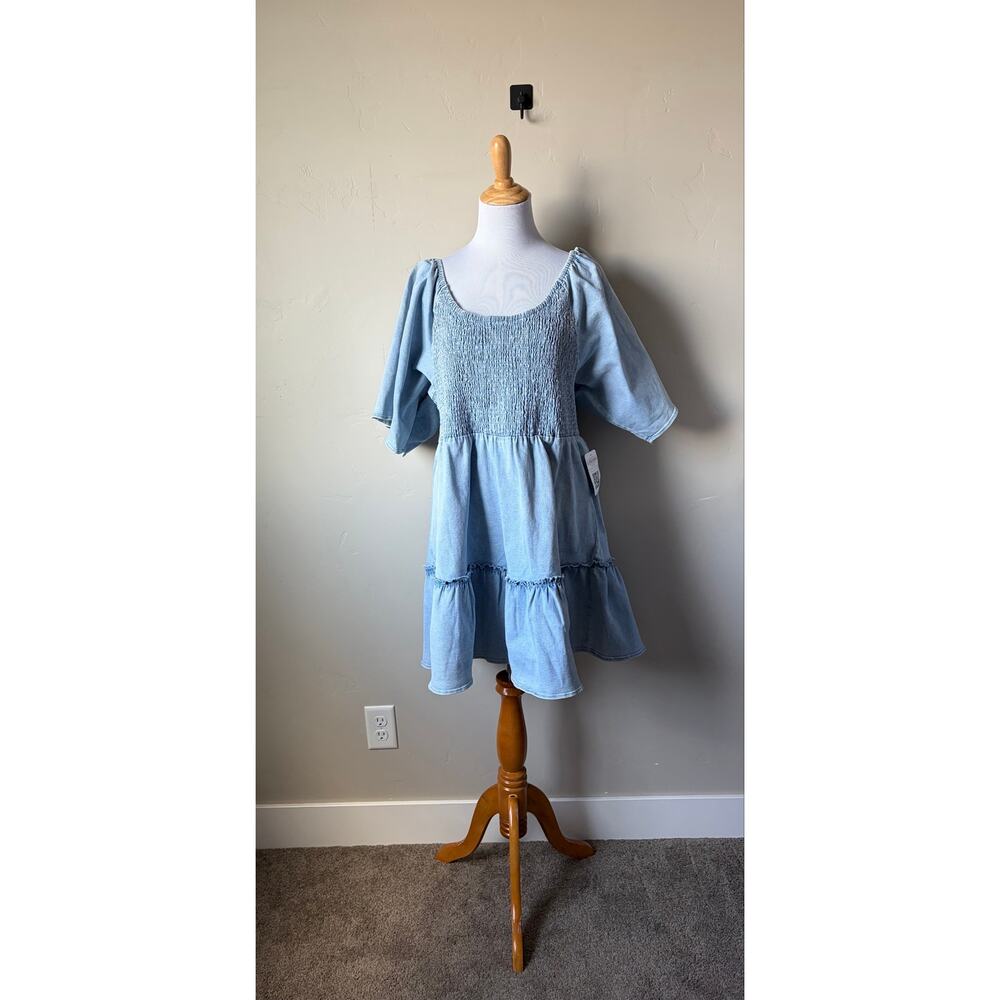 Mikarose Chambray Blue Denim Knee Length Smocked Bodice Flutter Sleeve NWT Sz XL - Picture 2 of 6